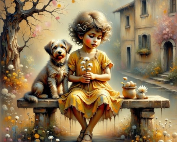Young girl with flowers and dog in autumn setting