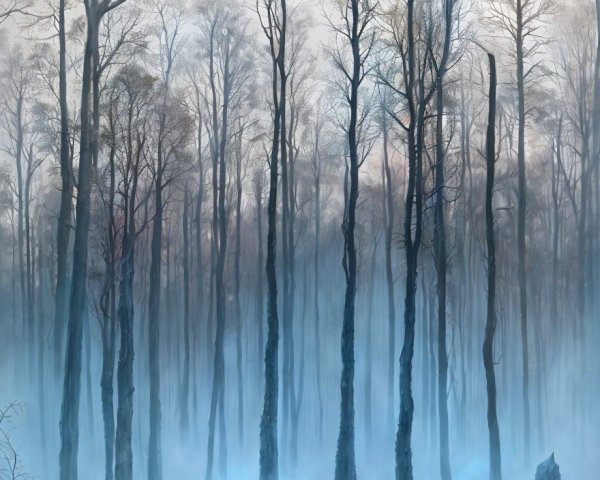 Mysterious Fog-Drenched Forest with Cloaked Figures