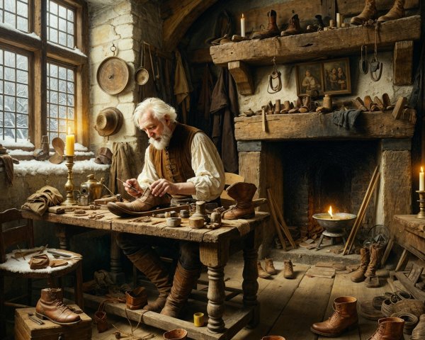 Elderly Shoemaker Crafts Leather Boots in Cozy Workshop