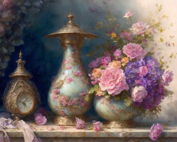 Still Life with Ornate Vases and Vintage Clock