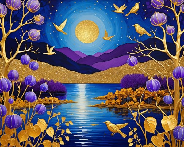 Serene Night Scene with Lake and Purple Mountains