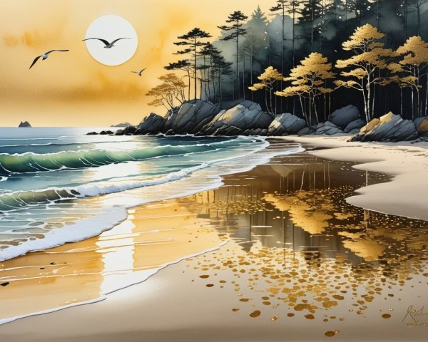 Serene Beach at Sunset with Golden Sands and Waves