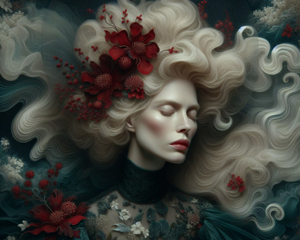 Woman with voluminous hair and red flowers in gown