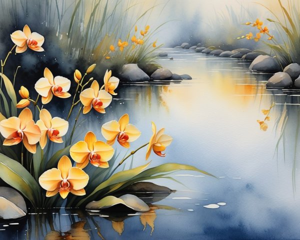 Vibrant Yellow Orchids by a Serene Stream Scene