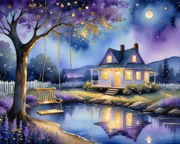 Charming House by Tranquil Pond Under Starry Sky