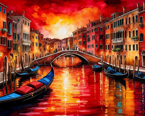Vibrant Sunset Over Serene Venetian Canal Scene