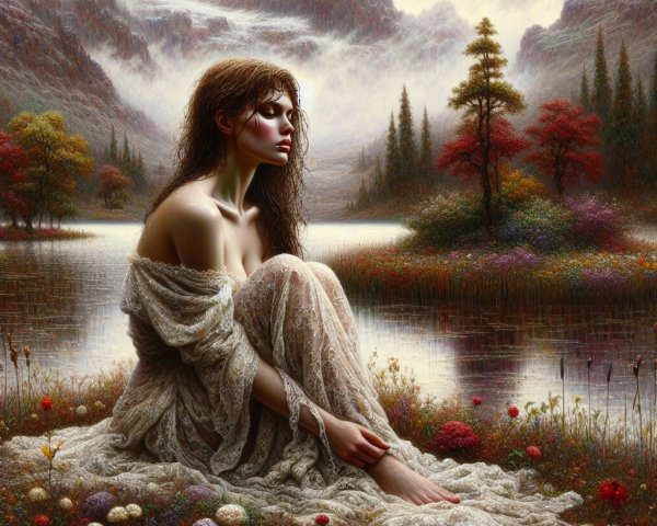 Serene Woman by Tranquil Lake in Autumn Foliage