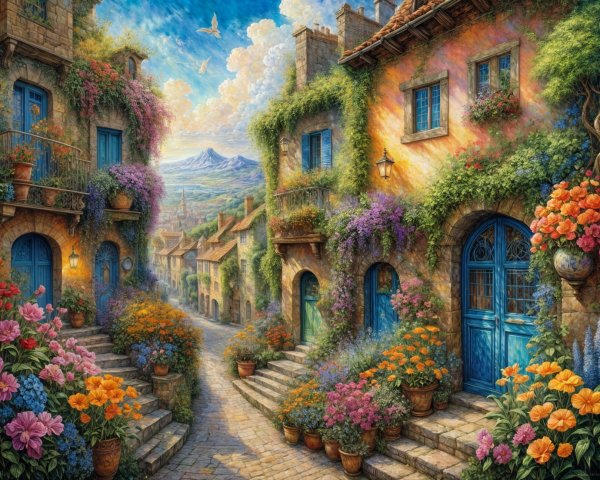 Charming Village Street with Flowers and Scenic Hills