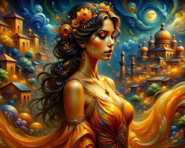 Adorned Woman Against Vibrant Night Sky and Cityscape