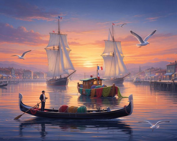 Harbor Scene at Sunset with Gondola and Boats