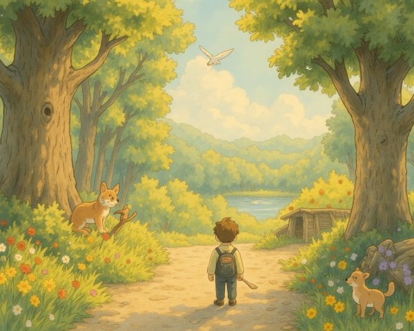 Young boy at a vibrant pathway with animals and lake