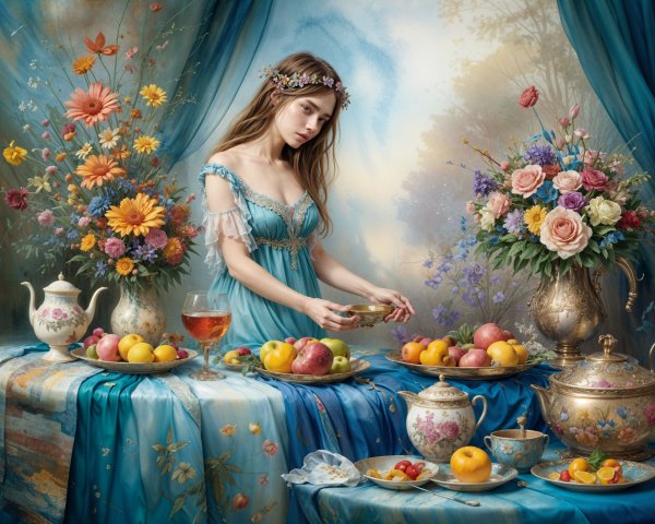 Young woman in blue gown at a lavish table setting