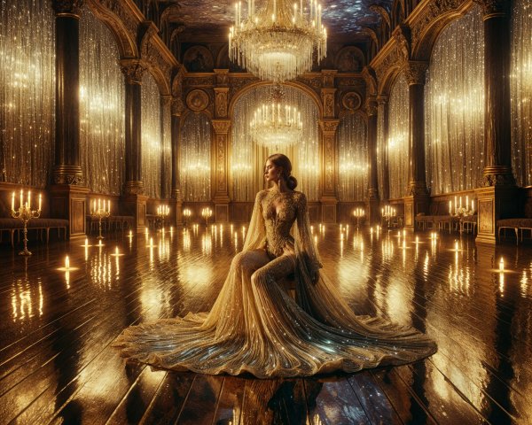 Elegant Woman in Sparkly Dress in Ornate Ballroom