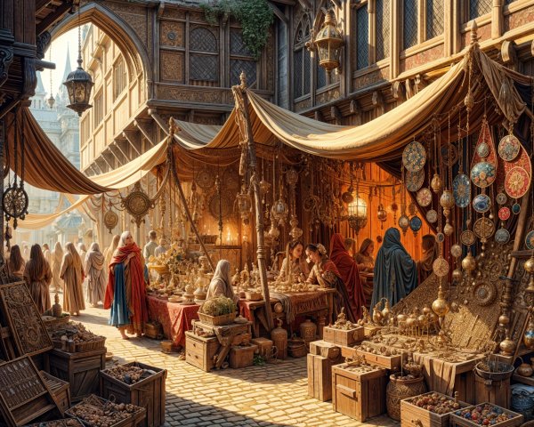 Medieval Marketplace with Colorful Stalls and Goods