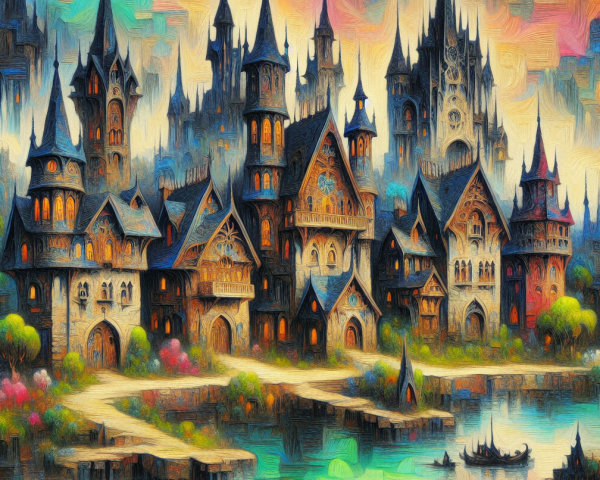 Dreamlike Oil Painting of a Fantastical Cityscape