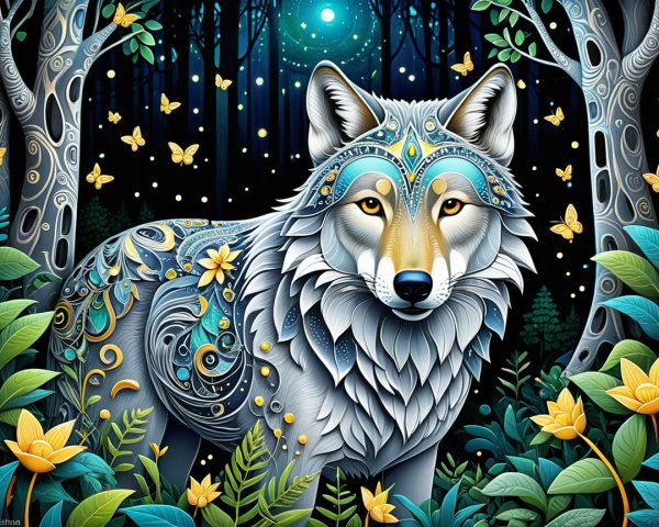 Detailed Wolf in a Mystical Forest Setting