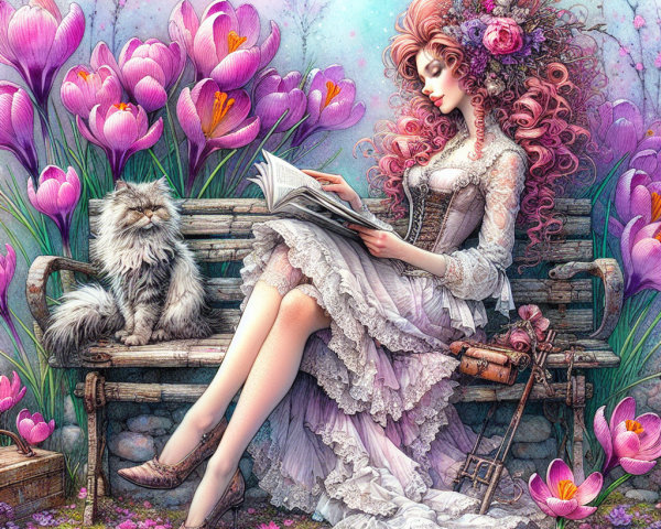 Watercolor Scene of Woman Reading with Persian Cat