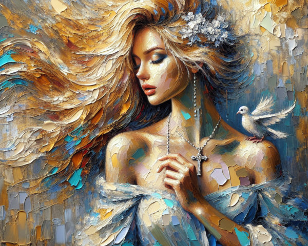 Impasto Oil Painting of a Woman with Dove and Flowers
