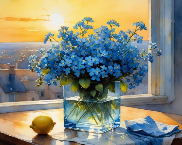 Vibrant Watercolor of Flowers and Lemon at Sunset