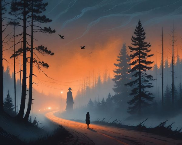 Oil Painting of a Figure on a Misty Forest Road