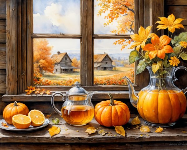 Cozy Autumn Scene with Foliage and Teapot Display
