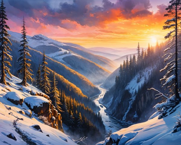 Winter Landscape at Sunset with Majestic Mountains
