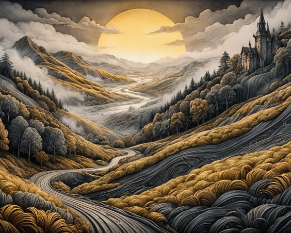 Rolling Hills and Castle Landscape Under Golden Sun
