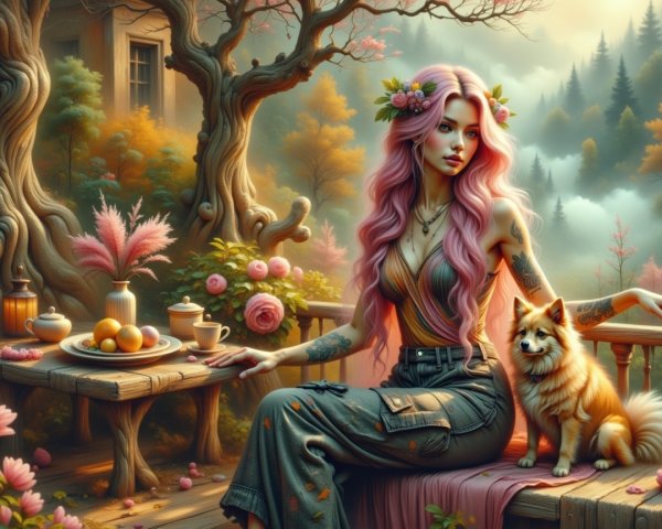 Woman with Pink Hair in Serene Forest Setting