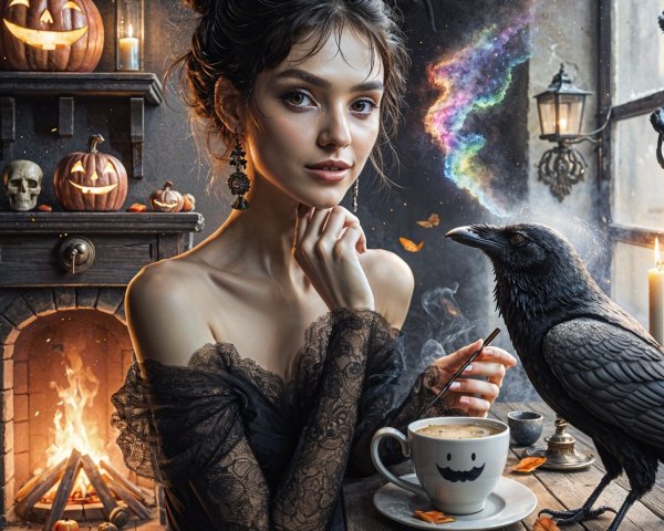 Cozy Autumn Scene with Vintage Woman and Raven