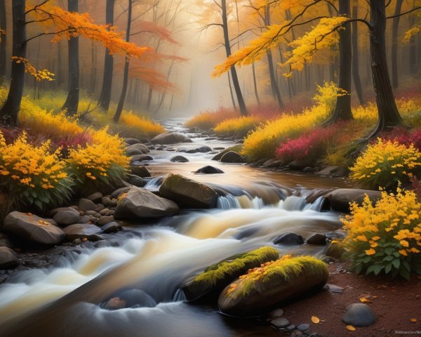 Serene Autumn Landscape with Gentle Stream and Mist