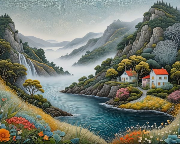 Serene Landscape with River and Majestic Mountains