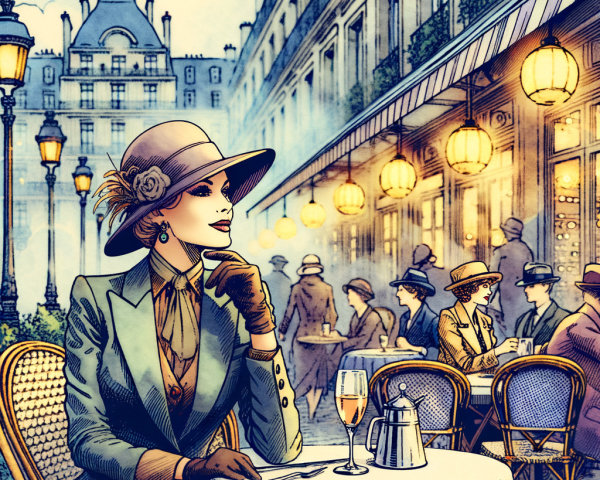 Elegant Parisian Café Scene with Stylish Patrons