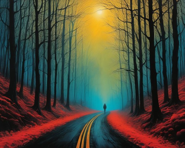 Winding Road Through Dense Forest with Leafless Trees