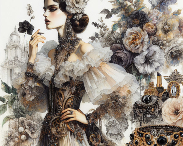Glamorous Fashion Illustration with Ruffled Gown and Jewelry