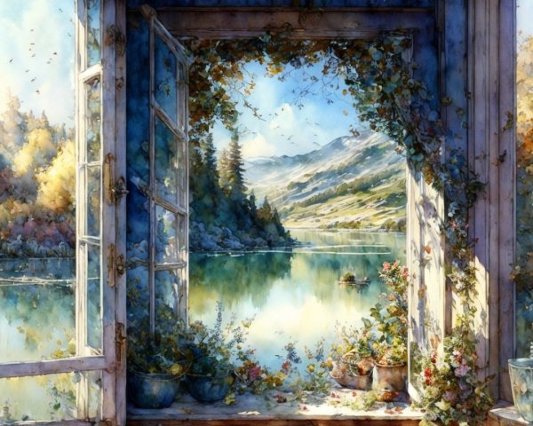 Tranquil Lake View Through Open Window with Flowers