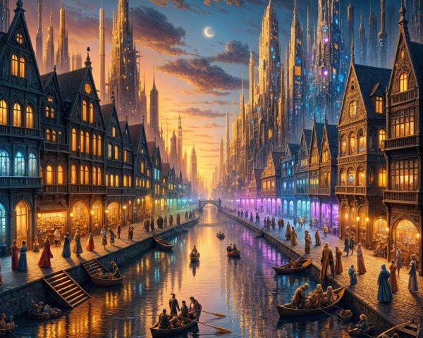 Vibrant Cityscape of Medieval and Futuristic Elements