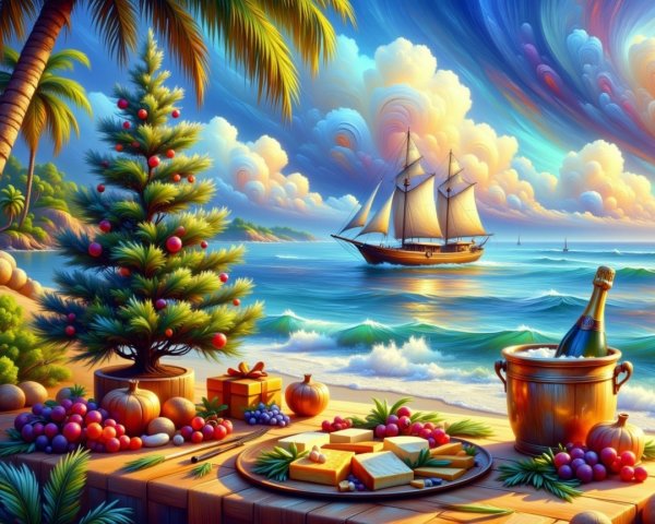 Tropical Beach Sunset with Christmas Decor and Ship