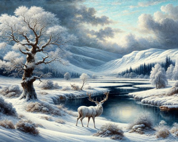 Serene Winter Landscape with River and Stag