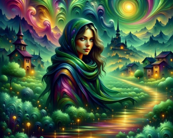 Surreal Landscape with Cloaked Woman and Dreamy Colors