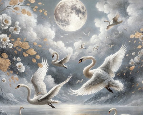 Serene Landscape with Swans and Moonlit Water