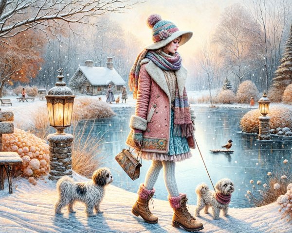 Young girl in winter outfit walks dogs in snowy scene