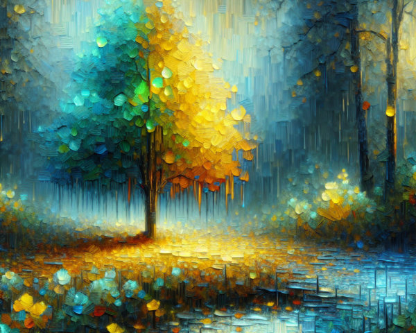 Vibrant tree in misty forest with tranquil water reflection