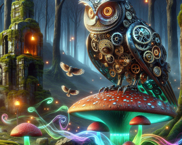 Mechanical Owl on Mushroom in Enchanted Forest