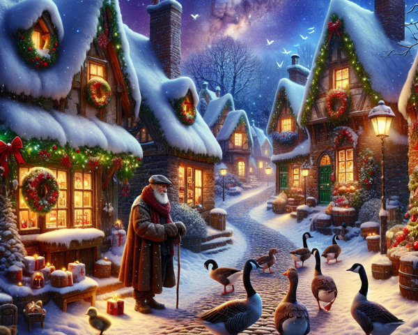 Winter Village Scene with Snow-Covered Cottages