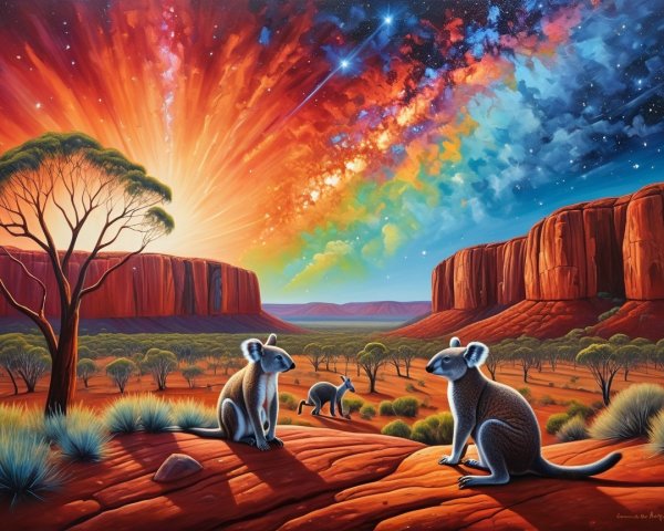 Vibrant Australian Landscape with Red Rocks and Wildlife
