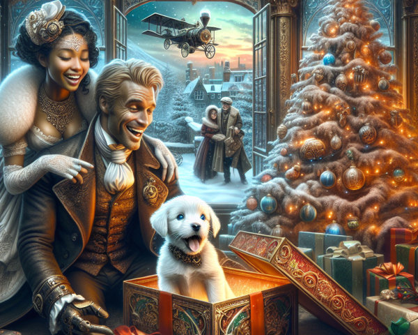 Festive Christmas Scene with Couple and Puppy