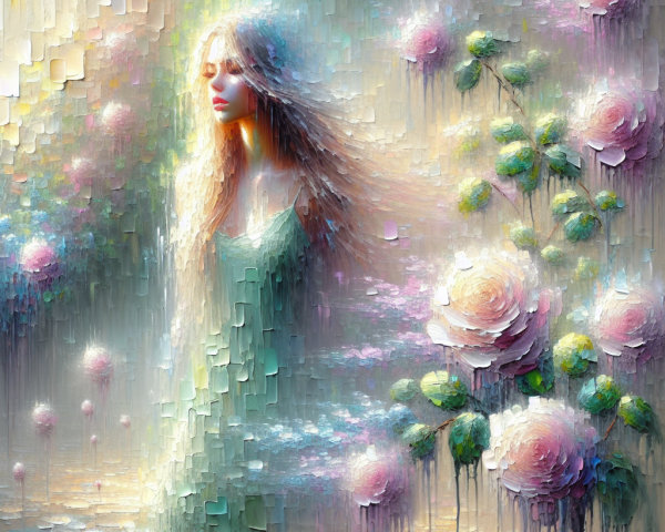 Impressionistic Oil Painting of Woman in Rose Field