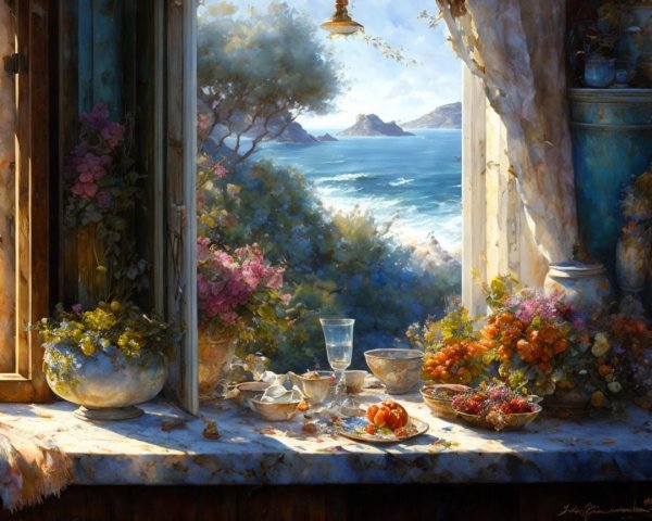 Coastal Scene with Flowers and Rustic Table Setting