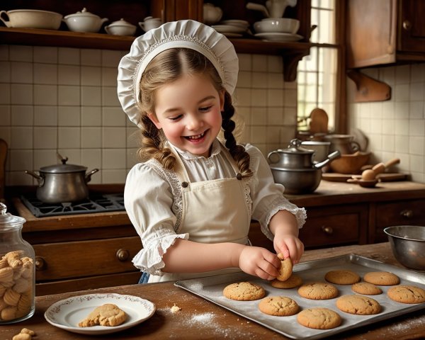 Cheerful girl baking cookies in a rustic kitchen