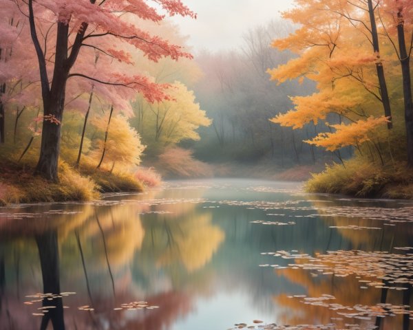 Tranquil River in Autumn Landscape with Mist